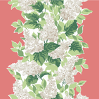 a green white and coral fabric sample featuring a leafy hydrangea motif. 