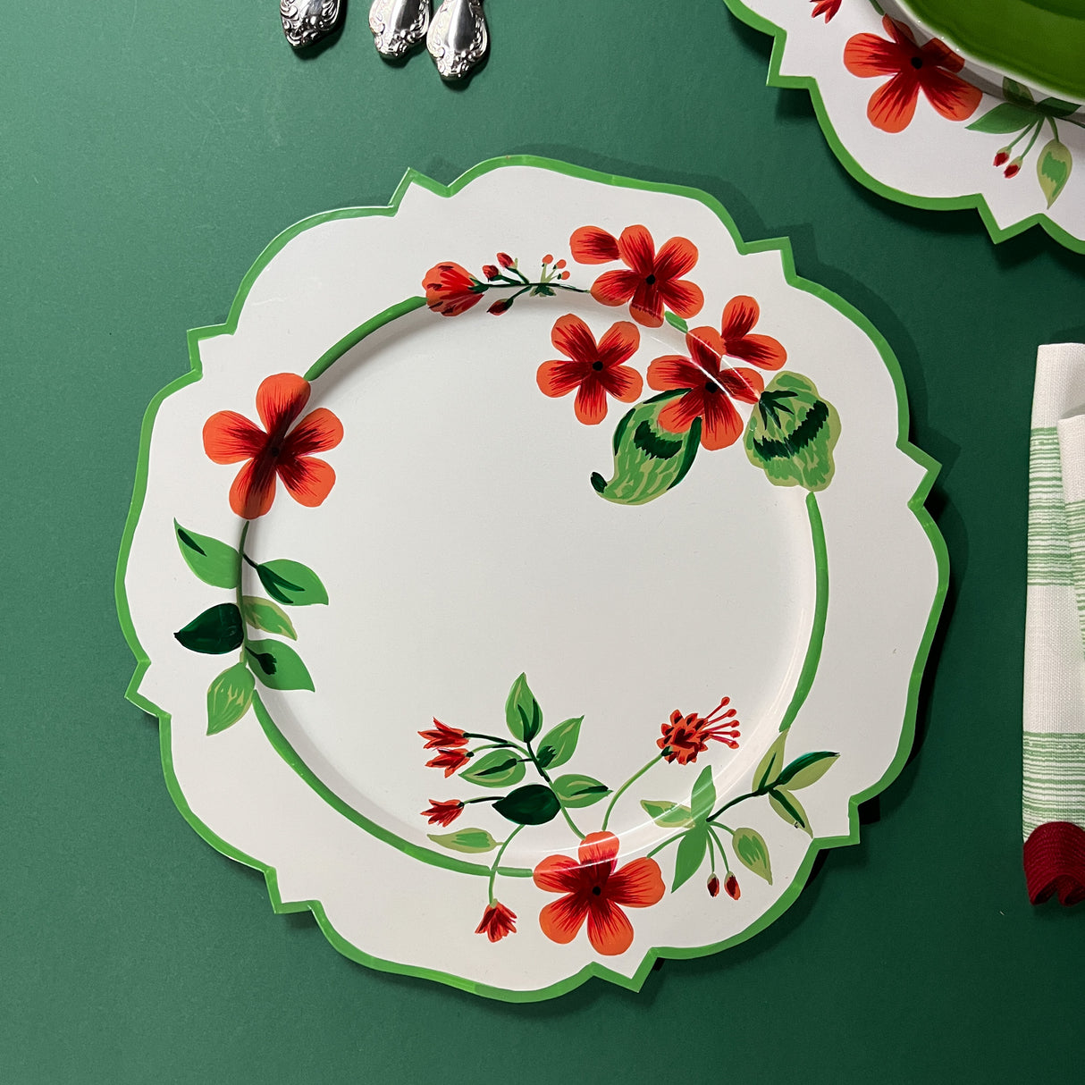 a tole metal geranium plate with green trim from madcap cottage