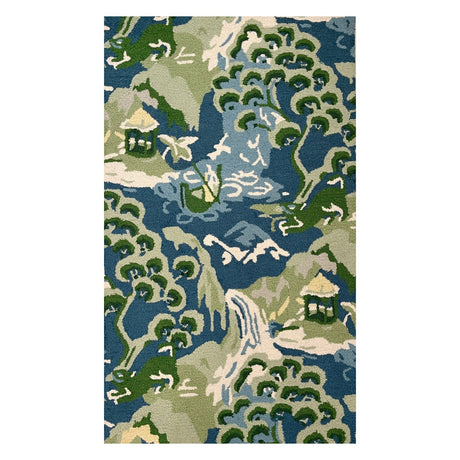 a blue and green rug with chinoiserie boatmen and pagoda motifs from madcap cottage. 