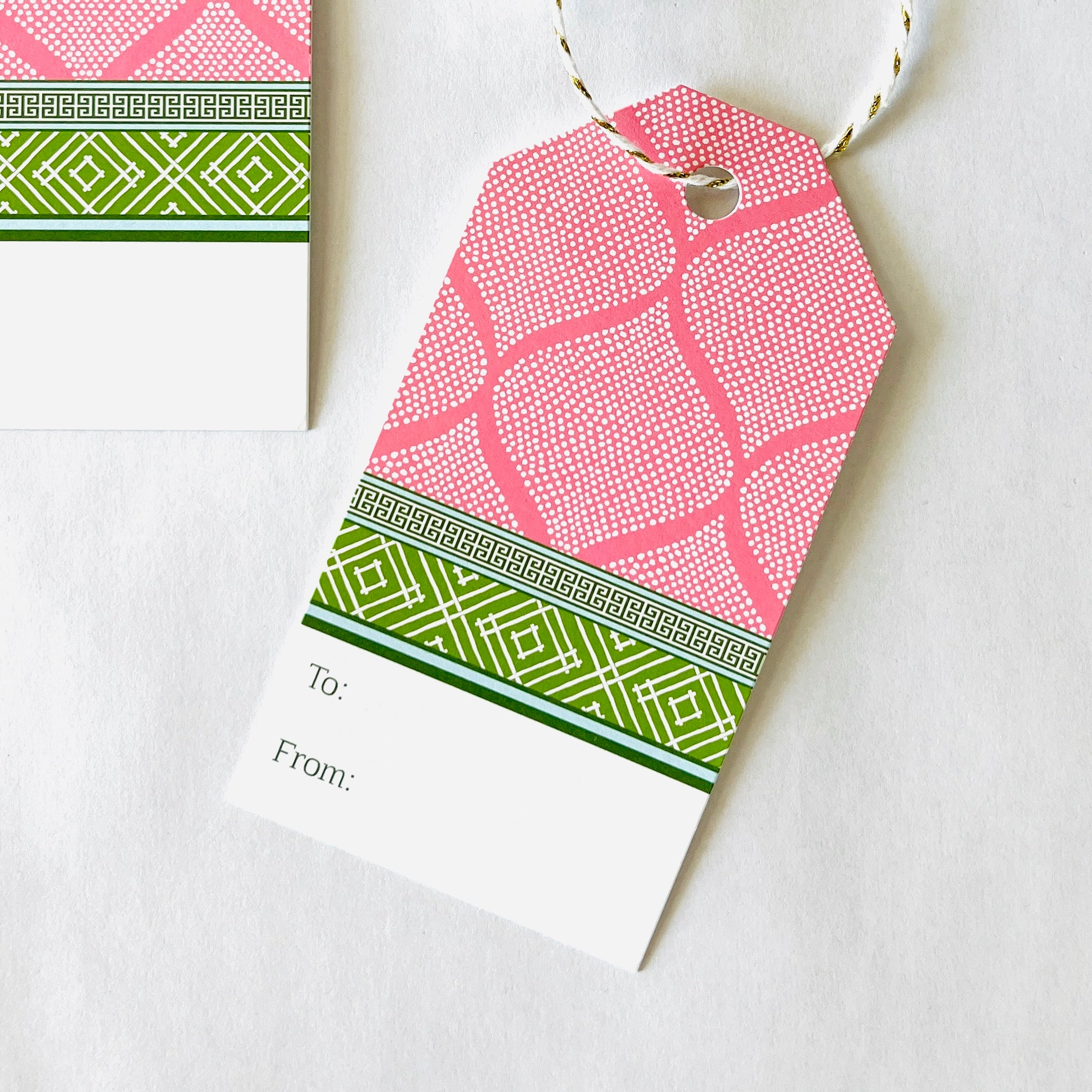 madcap cottage pink and green fez gift tags detail
