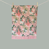 chinoiserie Tea towel with pink background, white pug, and pink vase.