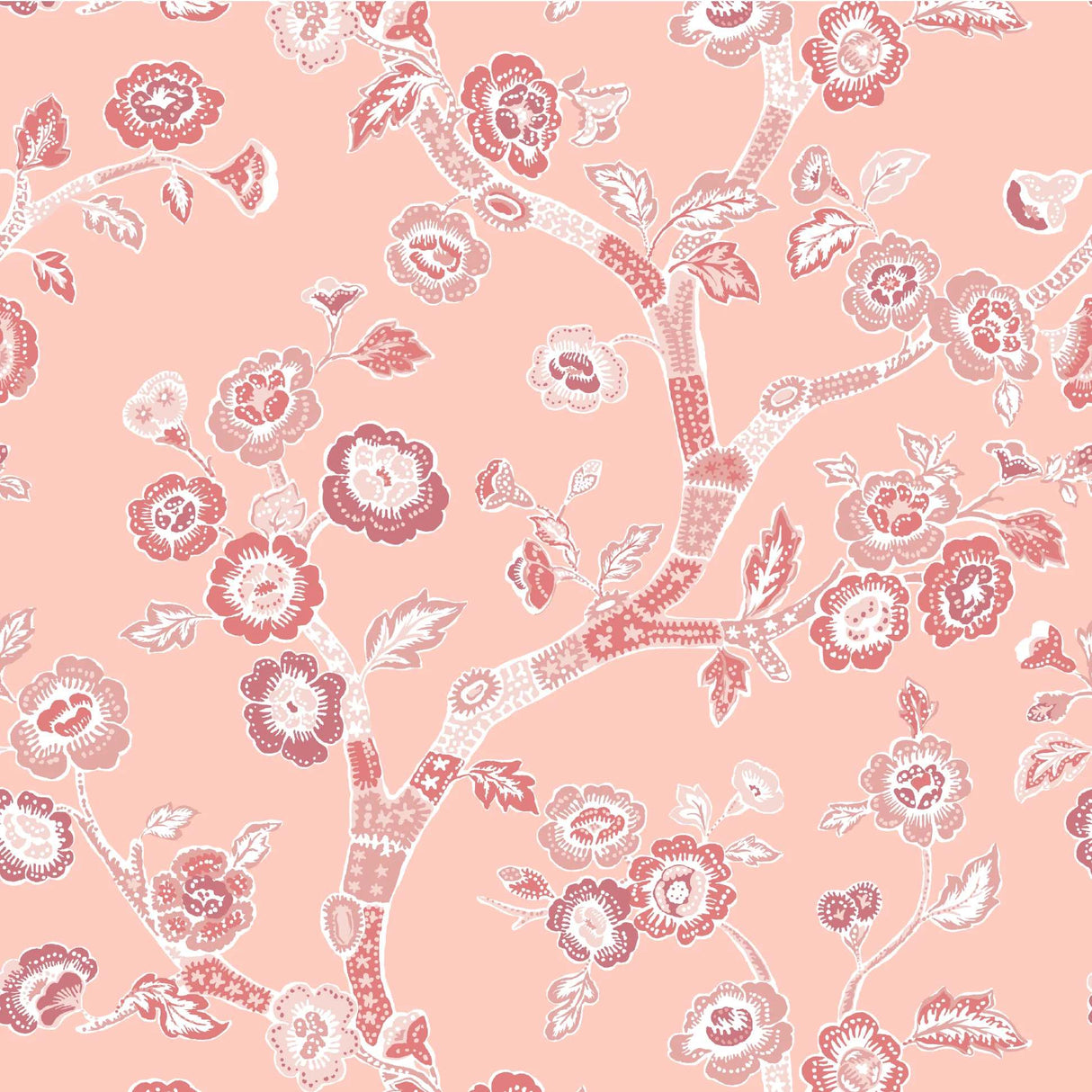 pink and white chinoiserie wallpaper featuring pink cherry blossom motifs on a pale pink background.