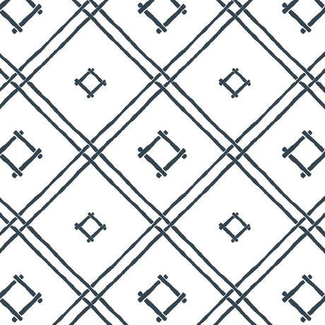A navy bamboo trellis wallpaper design on a white background from Madcap Cottage. 