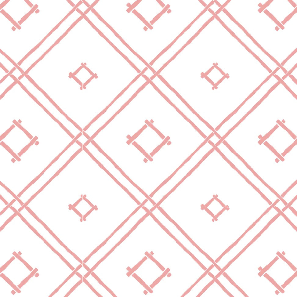 A pink bamboo trellis wallpaper design on a white background from Madcap Cottage. 