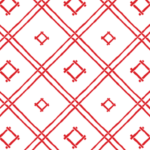 A red bamboo trellis wallpaper design on a white background from Madcap Cottage. 