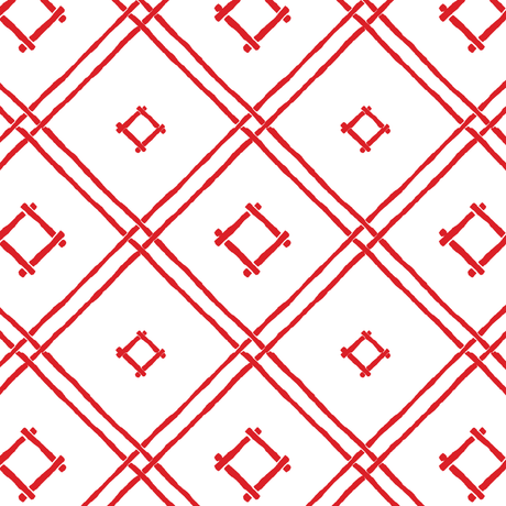 A red bamboo trellis wallpaper design on a white background from Madcap Cottage. 