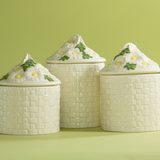 Vintage White Porcelain Basketweave and Daisy Canisters, Set of 3