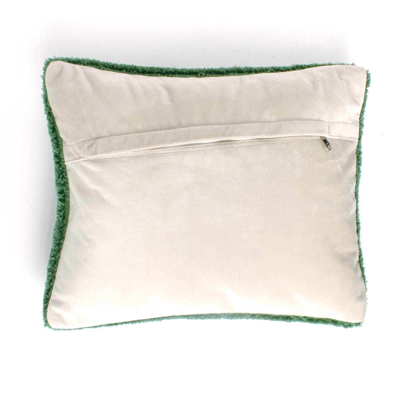 beige reverse side of Pillow with a red lobster design on a green background from the madcap cottage designers. 