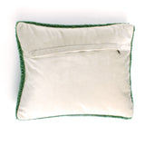 beige reverse side of Pillow with a red lobster design on a green background from the madcap cottage designers. 