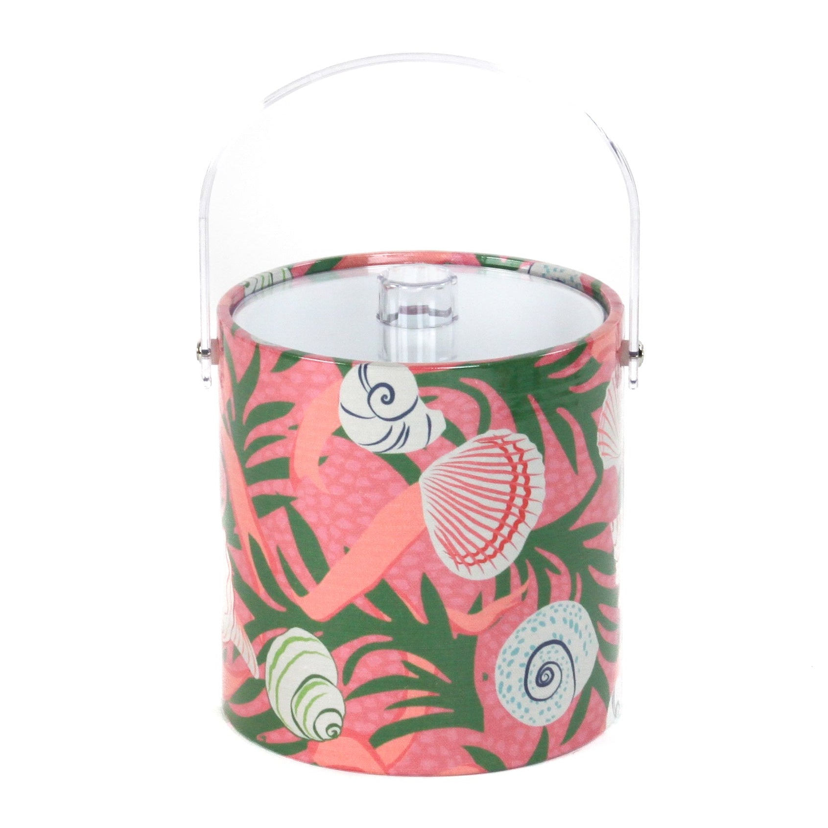 Shell Seekers is a pink acrylic ice bucket from madcap cottage covered in shell and seaweed motifs featuring a clear handle and lid