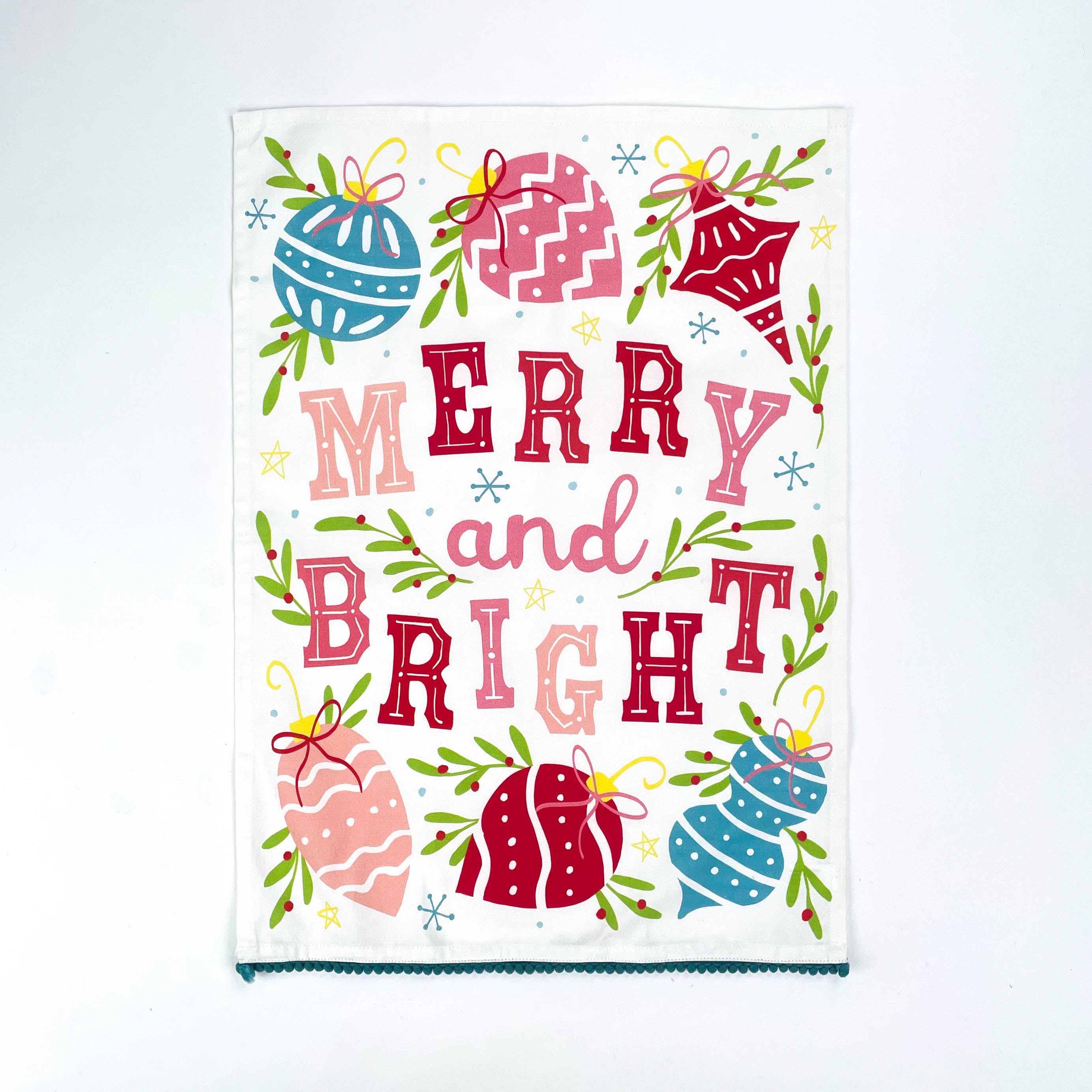 Colorful Ornaments Christmas Tea Towel with saying Merry and Bright