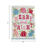 colorful christmas tea with with ornament motifs, blue pom pom trim and text that reads "Merry and Bright" against a white background and dimensions noting 24" x 18.5"