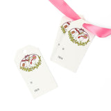 Charming Christmas gift tags featuring festive mice, colorful holiday decorations, greenery, and personalized gifting fields.