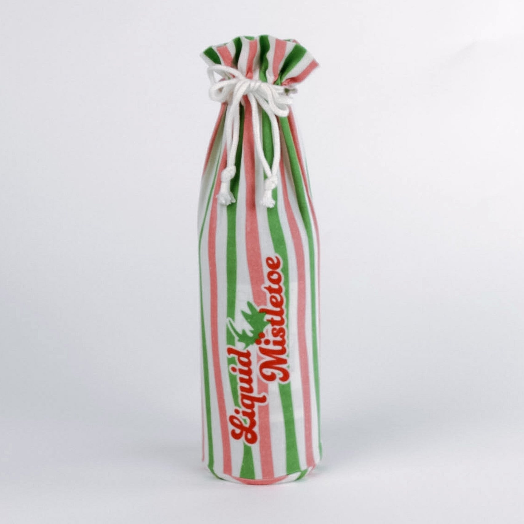 Madcap Cottage Striped wine glass bag with 'Liquid Mischievous' text on a white background