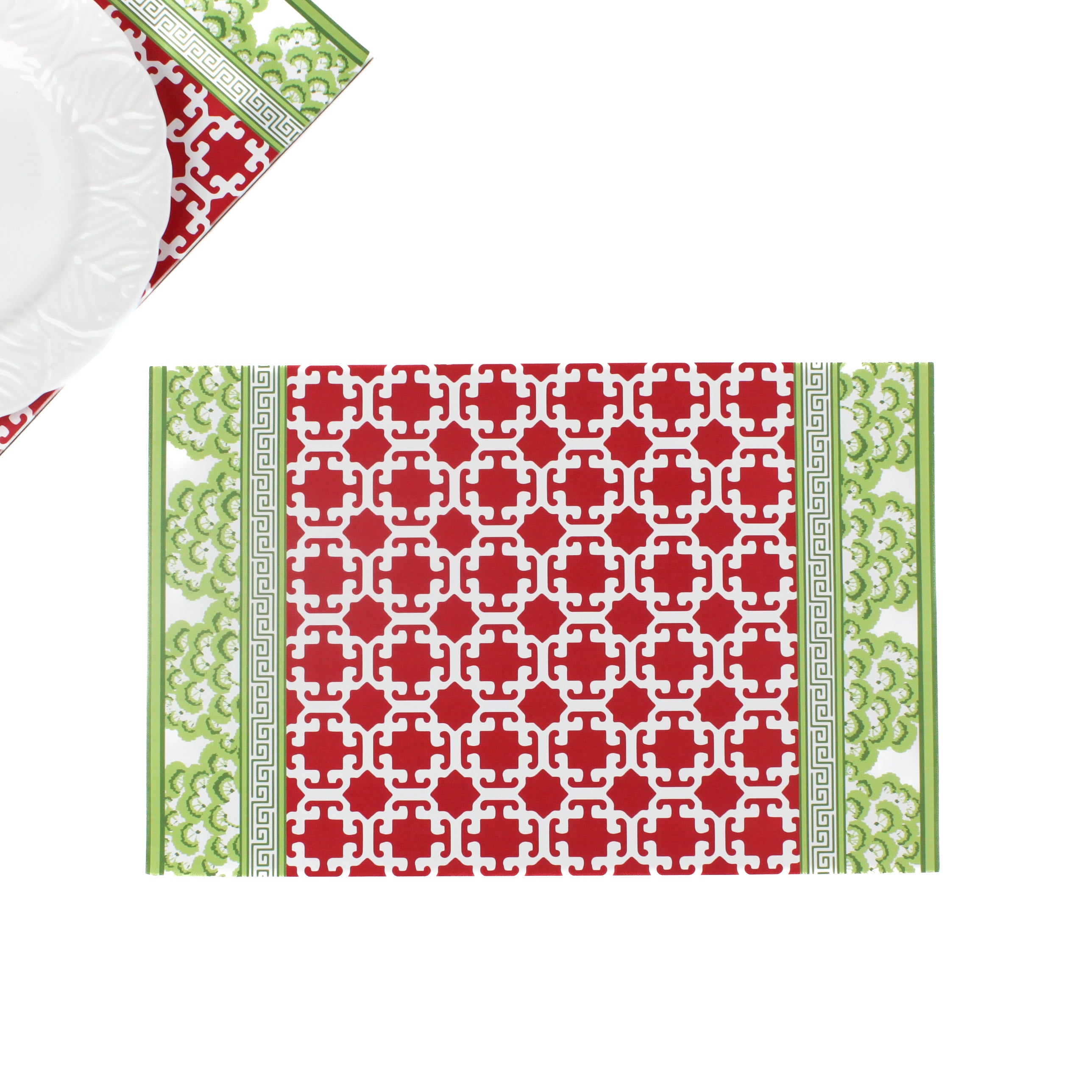 green and red paper placemats in a trellis pattern called "Monserrat" by Madcap Cottage in a white background