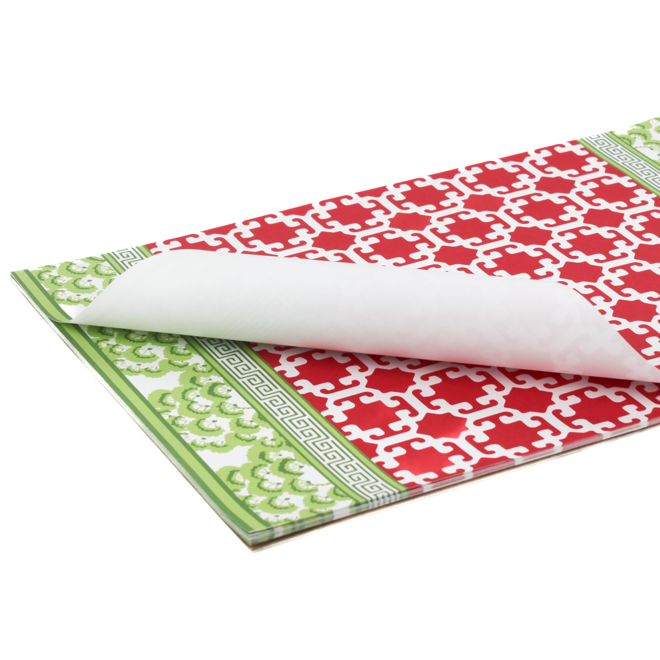 green and red paper placemats in a trellis pattern called "Monserrat" by Madcap Cottage in a white background
