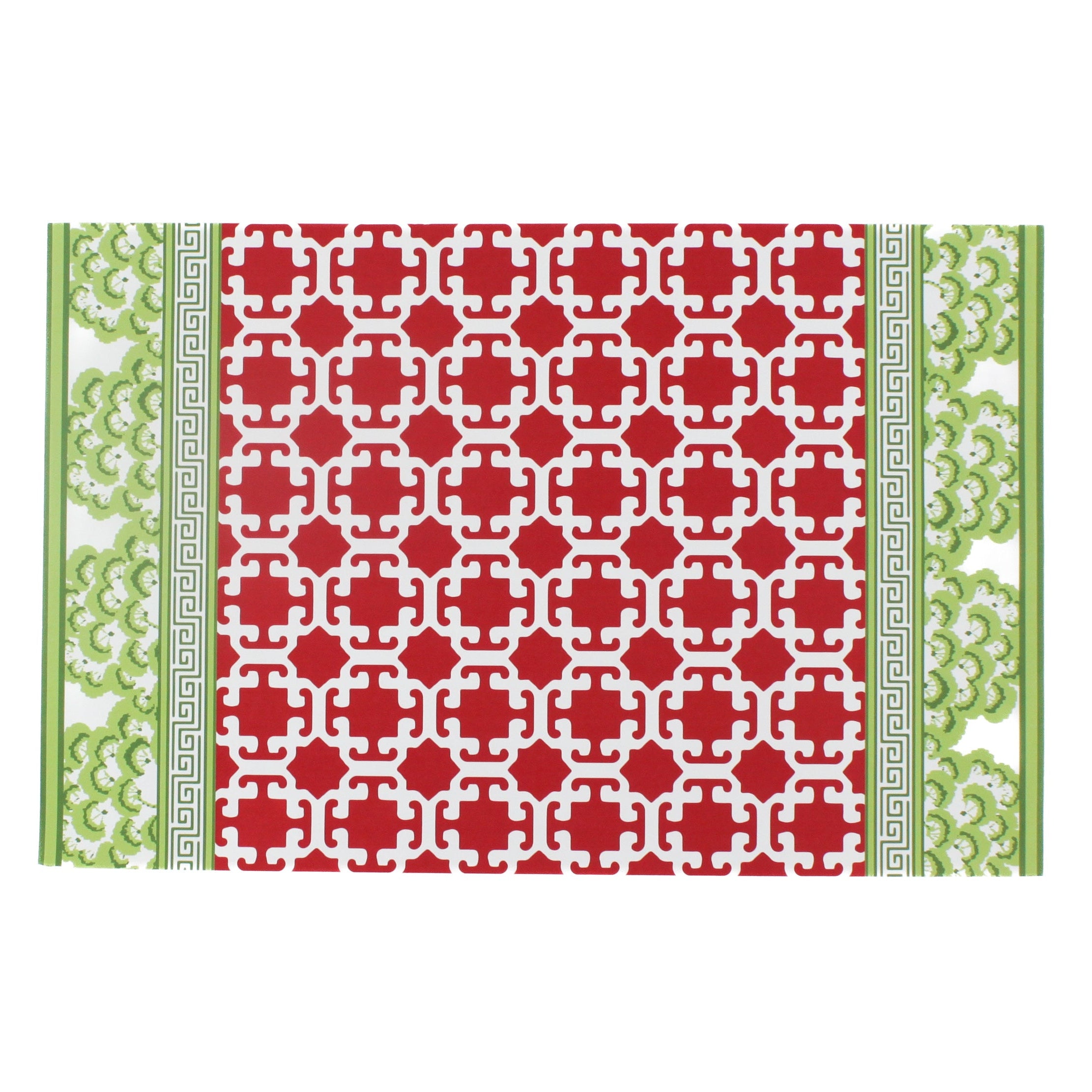 green and red paper placemats in a trellis pattern called "Monserrat" by Madcap Cottage in a white background