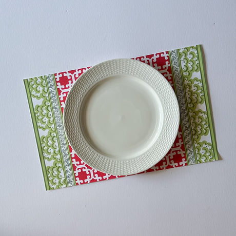 green and red paper placemats in a trellis pattern called "Monserrat" by Madcap Cottage