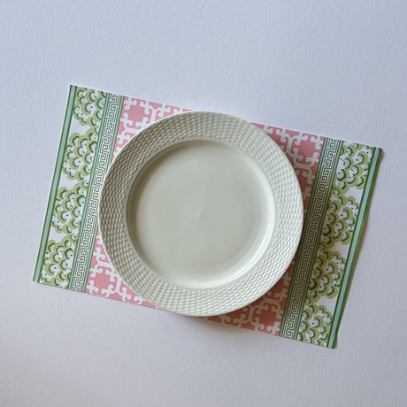 pink and green paper placemats in a trellis pattern called "Monserrat" by Madcap Cottage