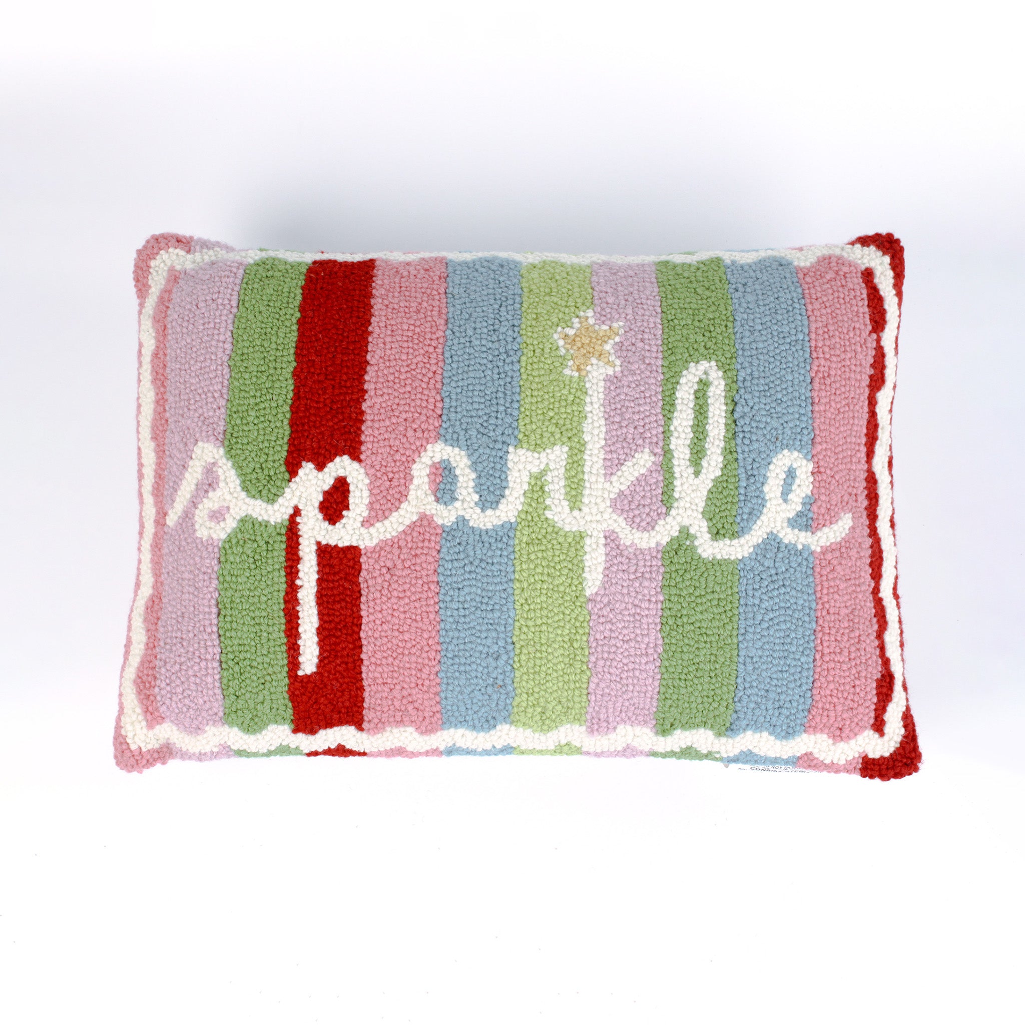 Rectangular colorful-pillow with colorful vertical stripes in red, pink, green, blue, and lavender, featuring the word “sparkle” written in white cursive with a small gold star above the letter “k.”
