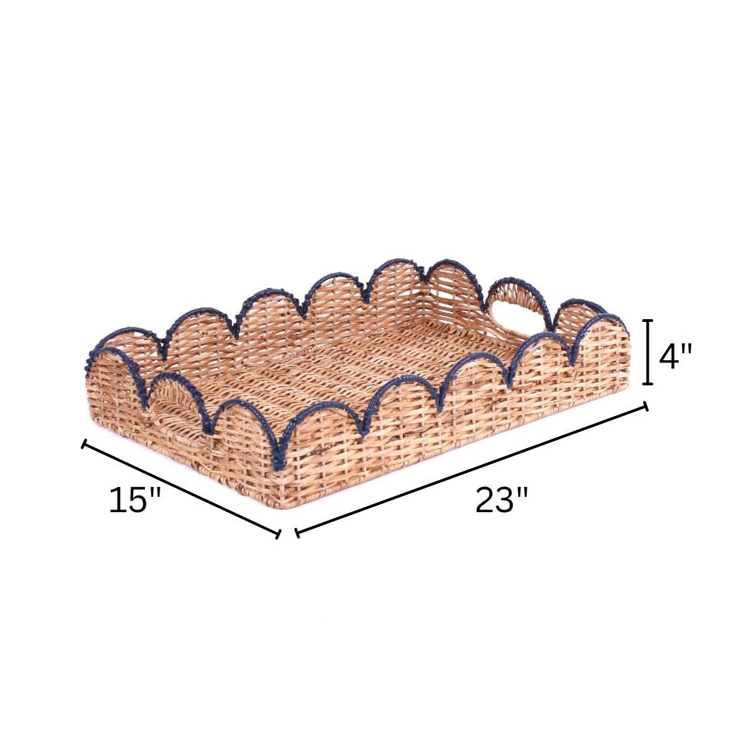 A navy scalloped rattan tray with dimension that reads 15" wide x 23" long x 4" high