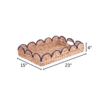 A navy scalloped rattan tray with dimension that reads 15" wide x 23" long x 4" high