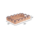 A navy scalloped rattan tray with dimension that reads 15" wide x 23" long x 4" high