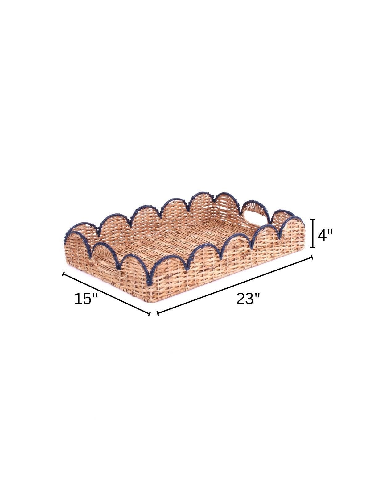 A navy scalloped rattan tray with dimension that reads 15" wide x 23" long x 4" high