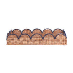 side view of scalloped rattan tray with navy trim