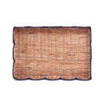 a top view of a rectangular navy rattan scalloped tray