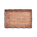 a top view of a rectangular navy rattan scalloped tray