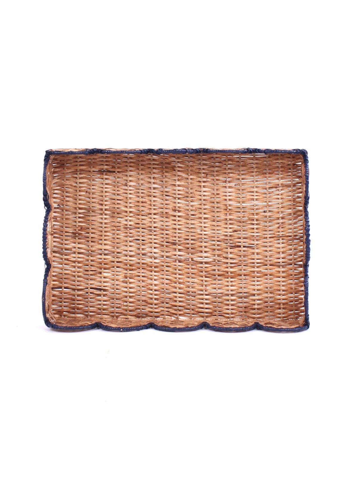 a top view of a rectangular navy rattan scalloped tray