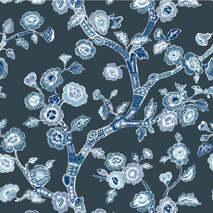 A navy blue and white chinoiserie fabric sample featuring blue cherry blossom motifs on a dark blue background. 