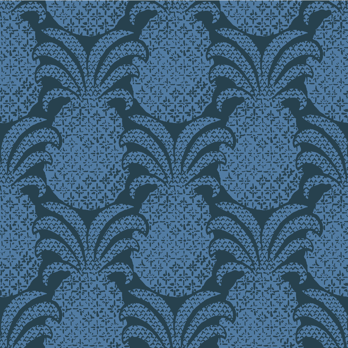 mid blue pineapple print fabric on a navy blue background. 