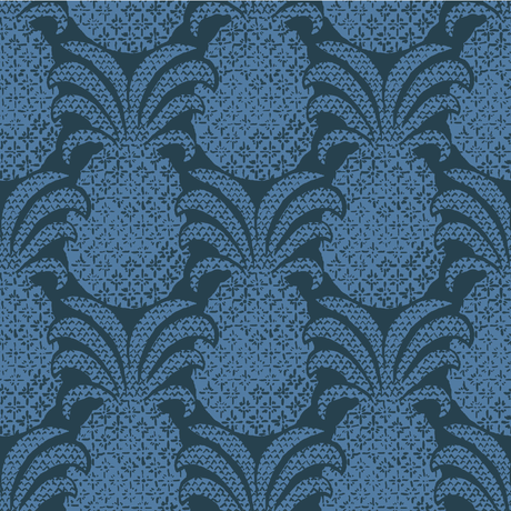 mid blue pineapple print fabric on a navy blue background. 