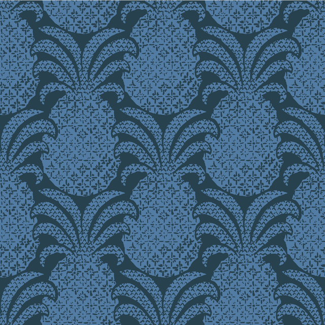 mid blue pineapple print fabric on a navy blue background. 