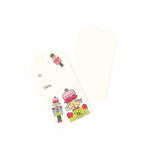 Festive Christmas gift tags featuring colorful nutcracker soldiers, playful holiday illustrations, and personalized gifting fields.