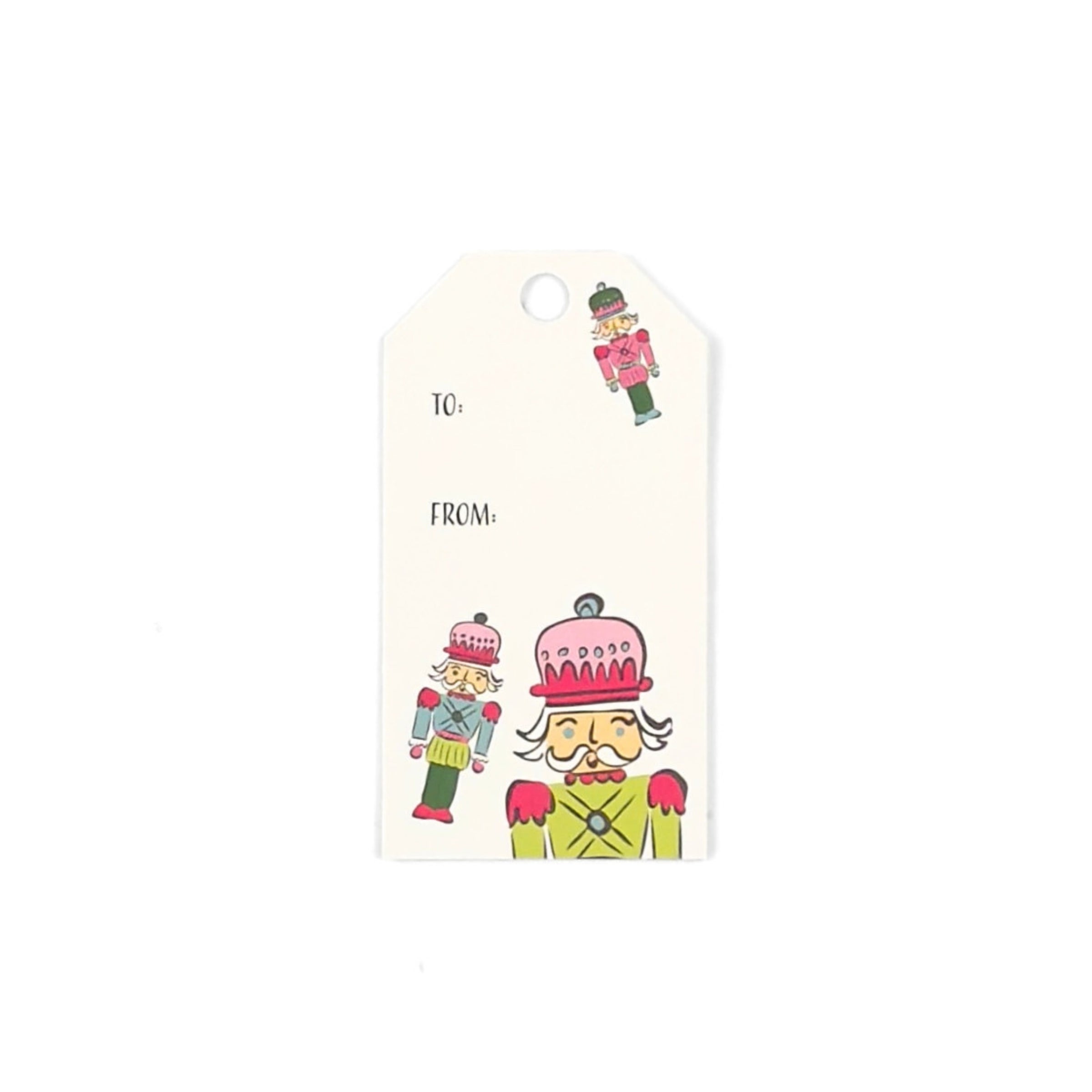 Festive Christmas gift tags featuring colorful nutcracker soldiers, playful holiday illustrations, and personalized gifting fields.