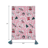 a pink christmas tea towel with nutcracker ballet motifs of swans, ribbons, christmas trees, ballerinas and nutcrackers against a white background with dimension notation of 24" x 18.5"