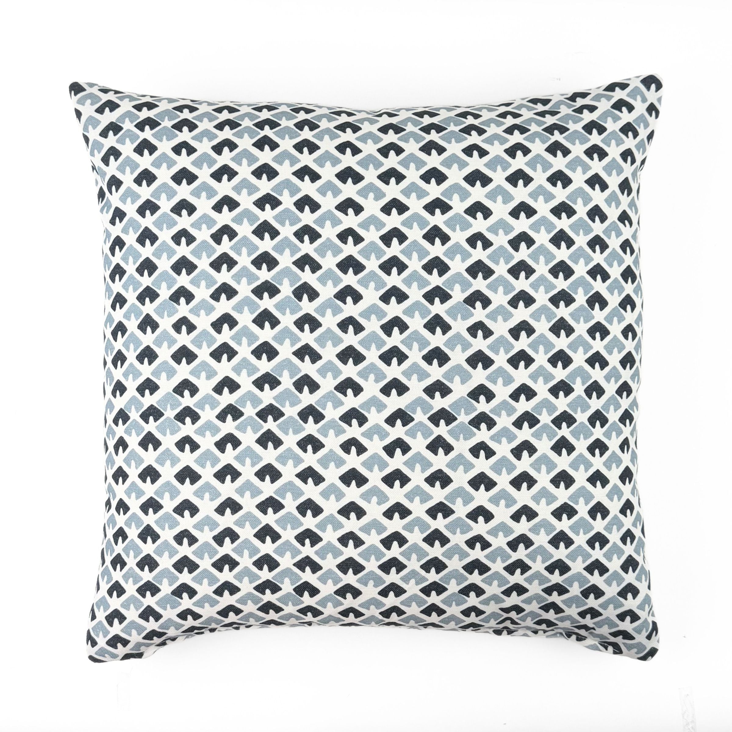 Old Jaipur outdoor pillow with blue and white decorative pattern.