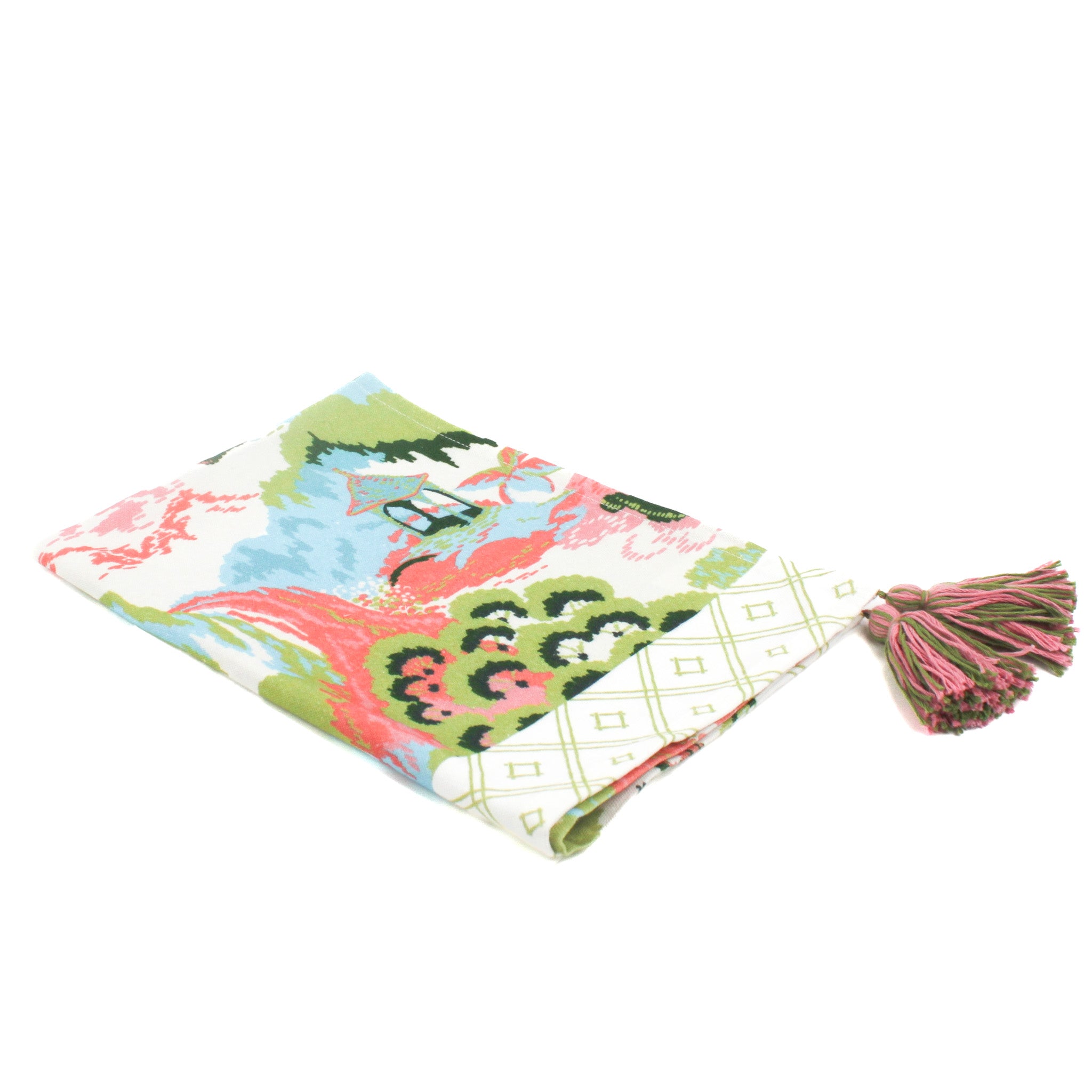 a blue, green and pink chinoiserie tea towel with pink and green tassels against a white background. 