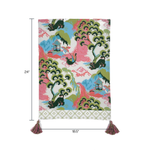 a blue, green and pink chinoiserie tea towel with pink and green tassels against a white background and dimensions that read 24" x 18.5"