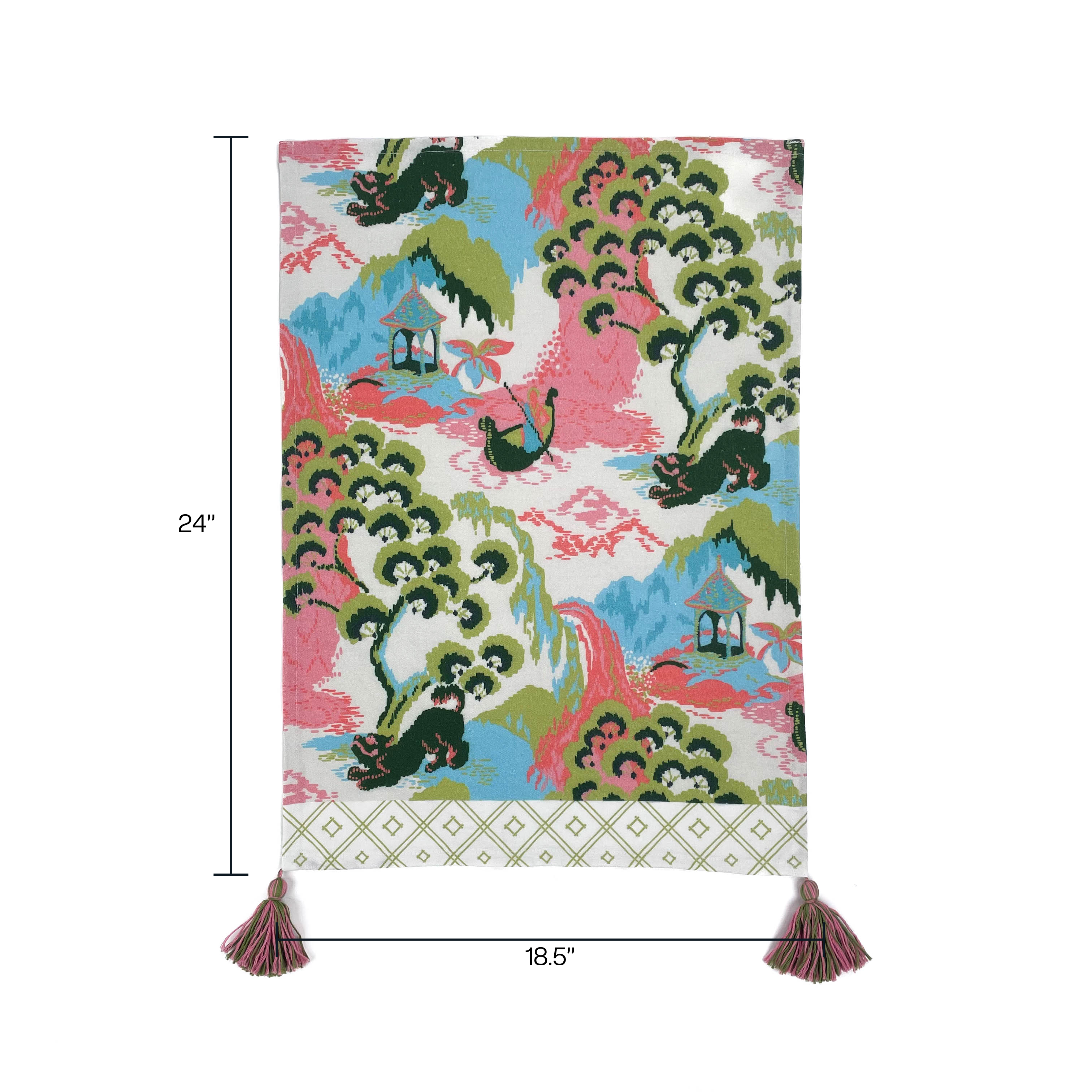 a blue, green and pink chinoiserie tea towel with pink and green tassels against a white background and dimensions that read 24" x 18.5"