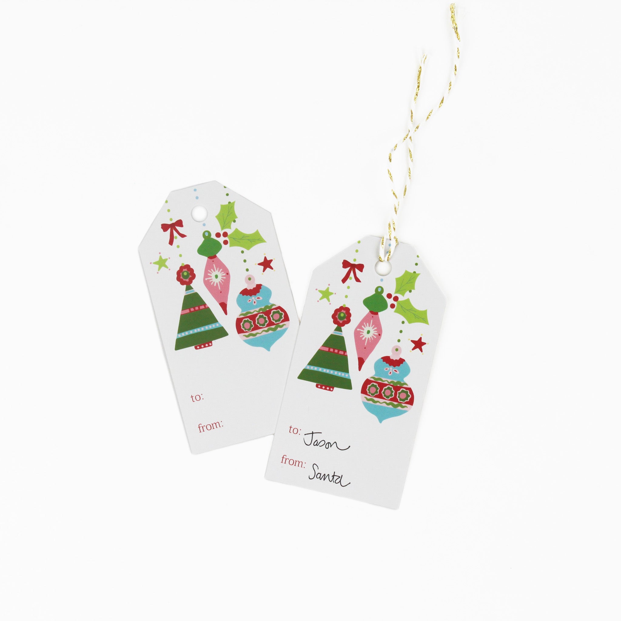 A pink Christmas ornaments gift tag with a space for personalize message, displayed on a white background.