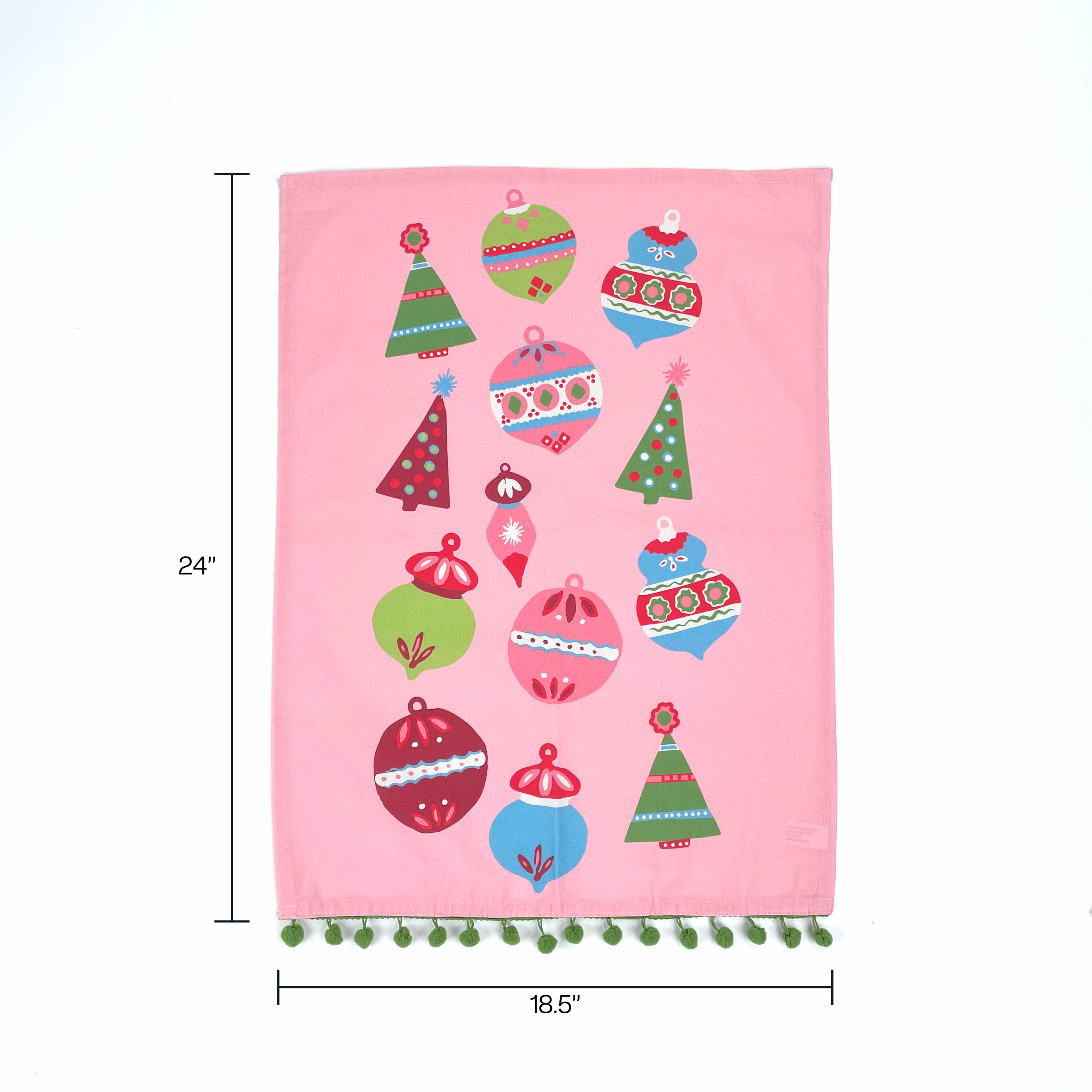 Pink christmas tea towel with colorful ornament designs on a white background with dimension markers for 24" x 18"