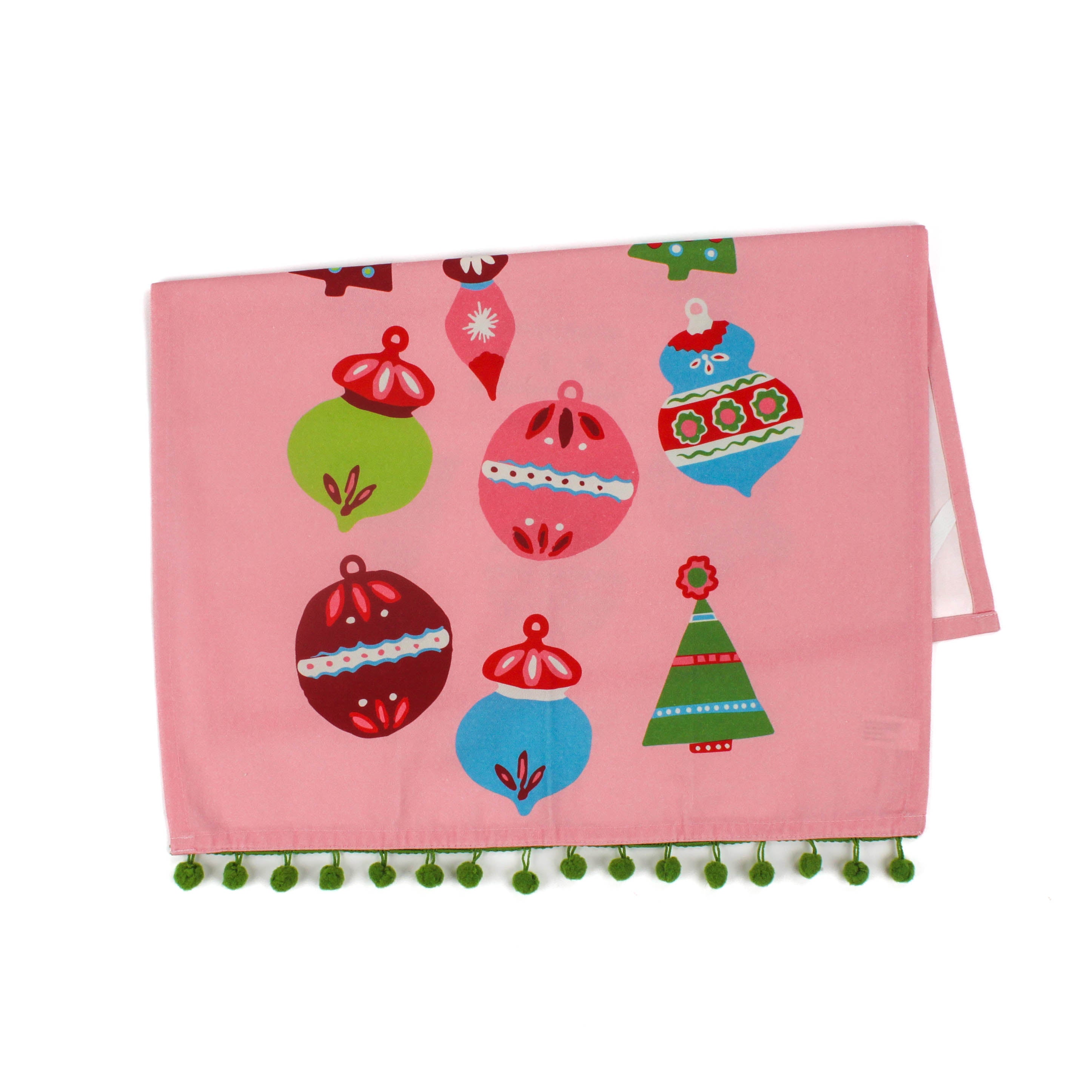 a folded Pink christmas tea towel with colorful ornament designs on a white background