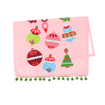 Pink christmas tea towel with colorful ornament designs on a white background