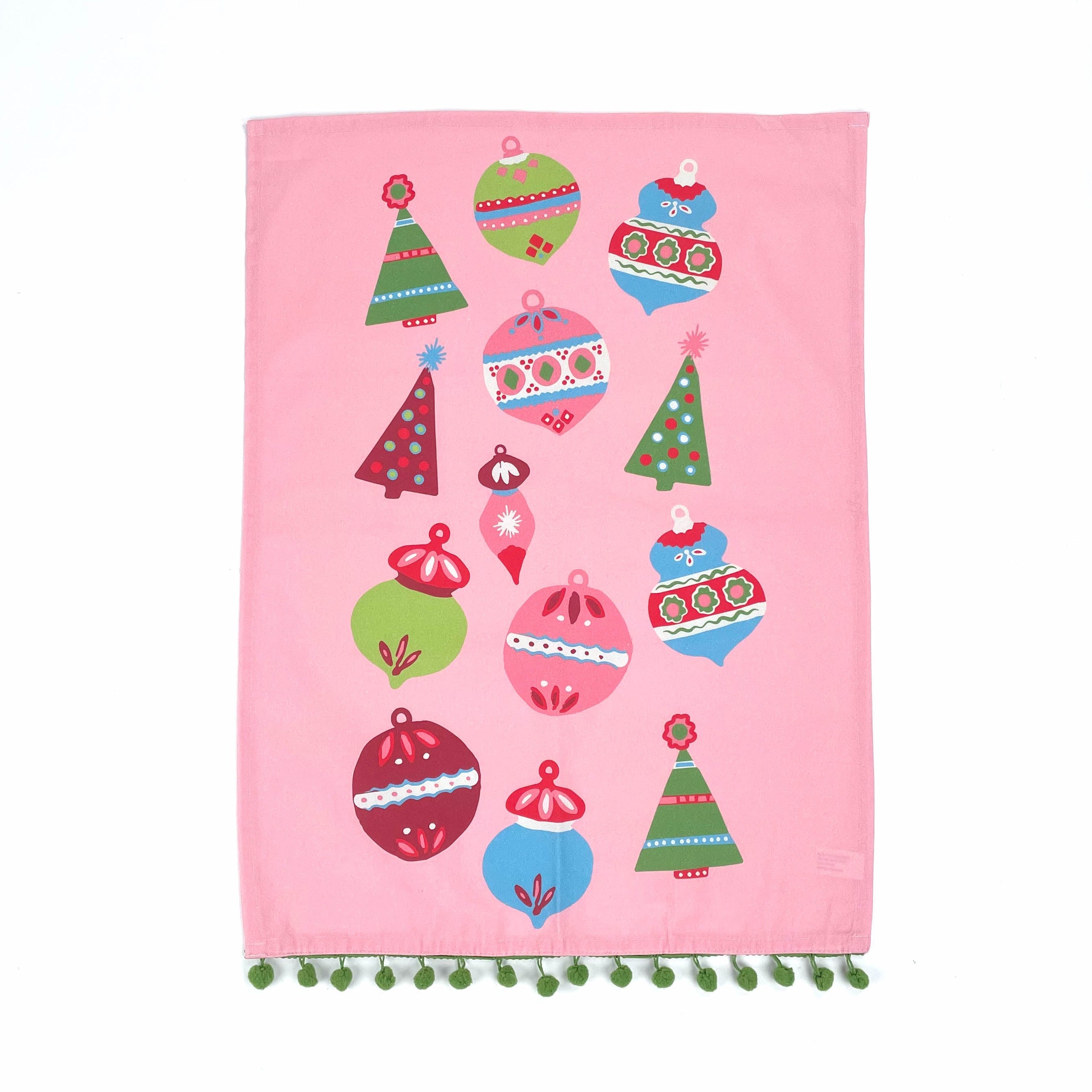Pink christmas tea towel with colorful ornament designs on a white background