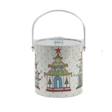 pagoda-pattern ice bucket with clear lid and metal handle on a white dotted background