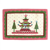 Pink and green rug with pagoda and christmas tree motifs